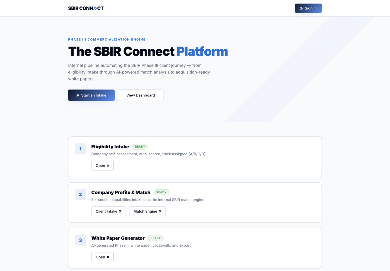 The public landing page for SBIR Connect, with Eligibility Intake, Company Profile + Match, and White Paper Generator sections