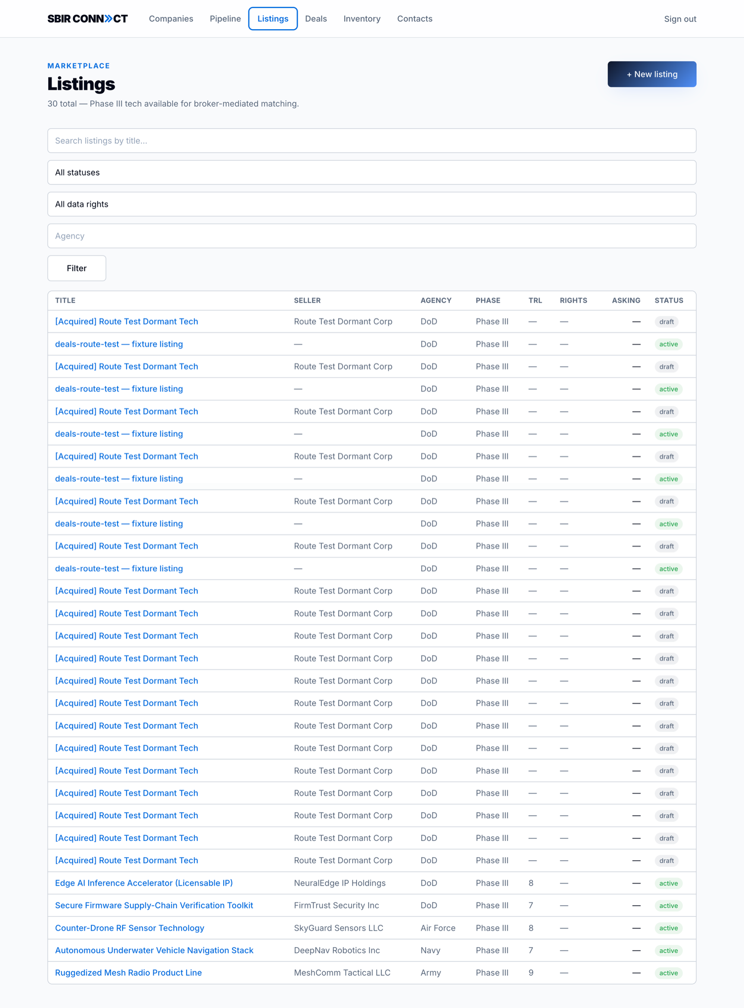 The /admin/listings browse table with filters and the +New listing button