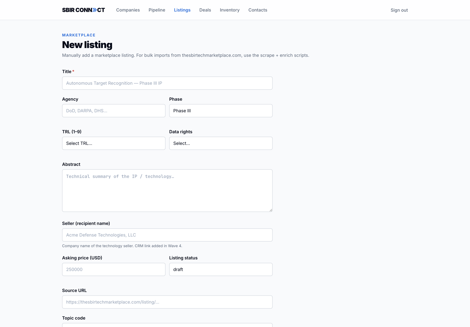 The +New listing form with Title, Agency, Phase, TRL, Data rights, Abstract, Seller, Asking price, Listing status, Source URL, Topic code, and Listing notes fields
