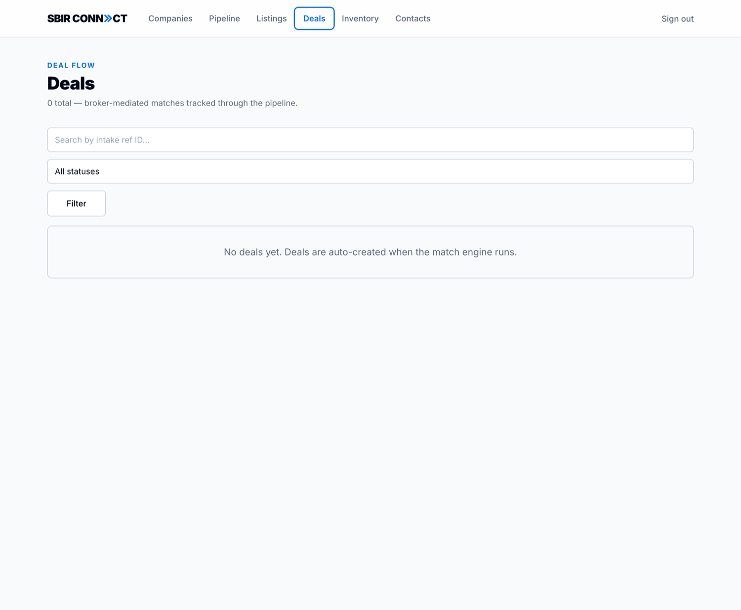The /admin/deals pipeline showing each deal with Ref ID, Target, Score, Status, Age, Updated columns