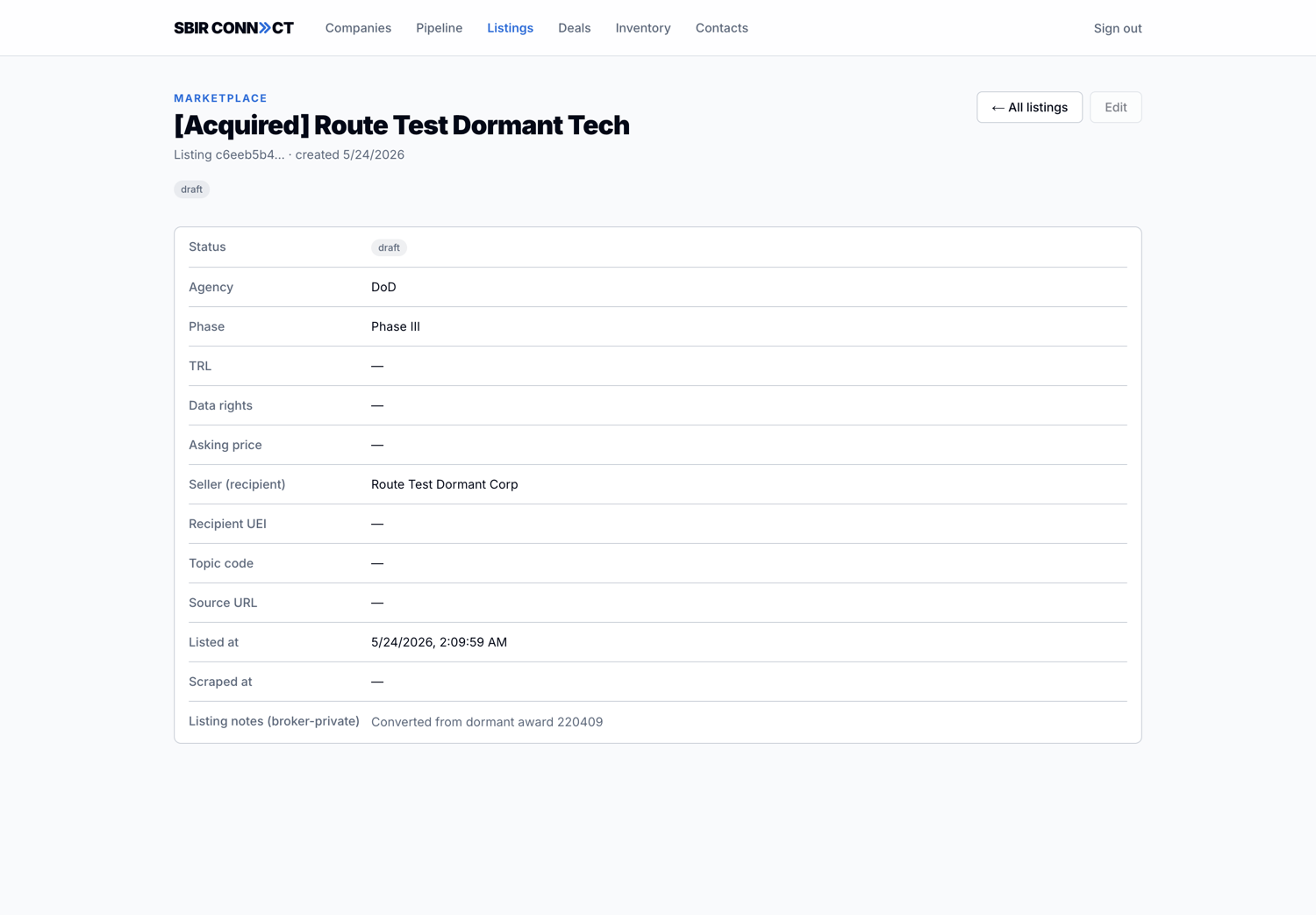 A listing detail page showing all fields: status, agency, phase, TRL, data rights, asking price, seller, recipient UEI, topic code, source URL, listed at, scraped at, and listing notes
