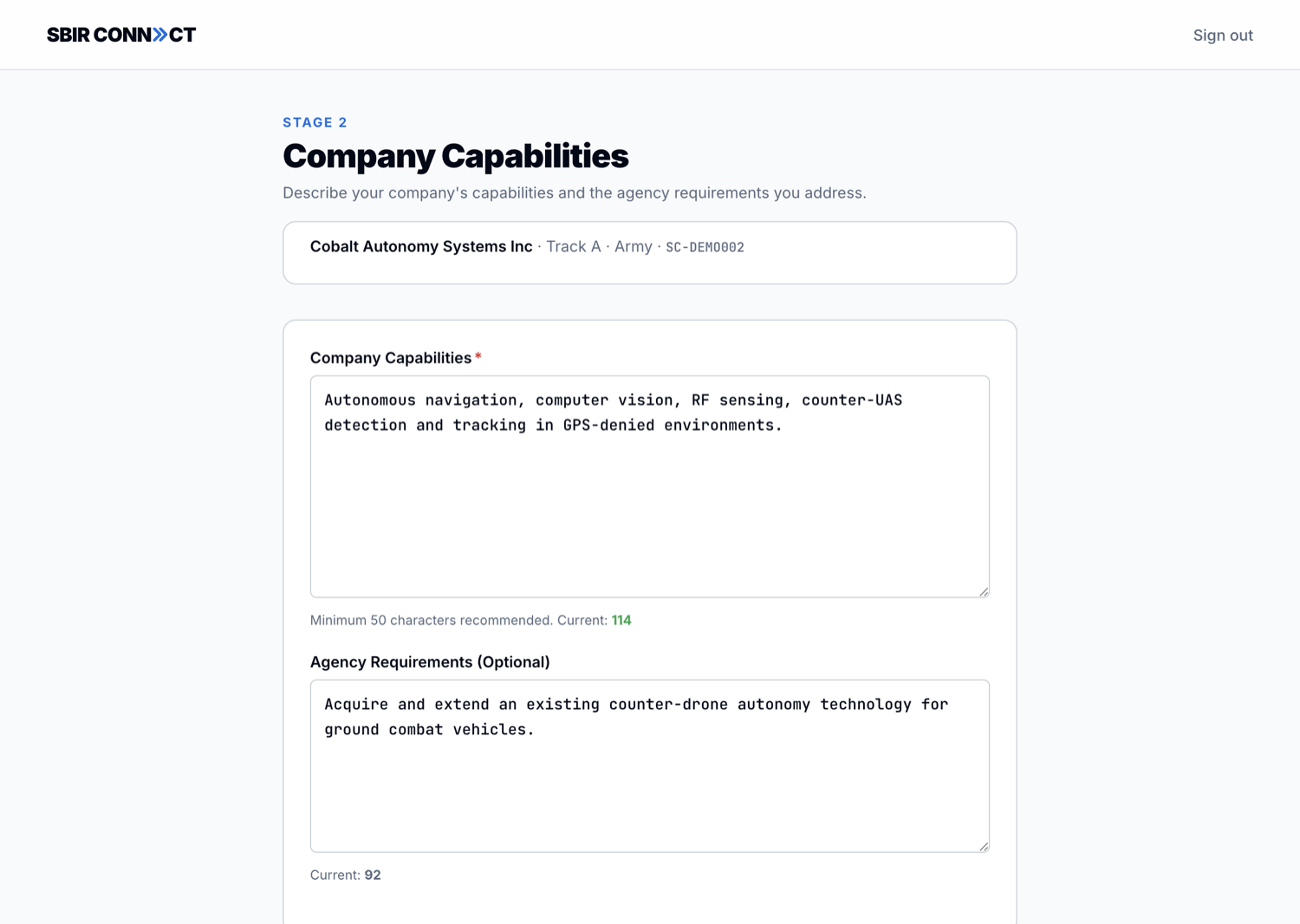 Stage 2A Company Capabilities form, showing the intake context (Cobalt Autonomy Systems Inc, Track A, Army, SC-DEM0002), the Company Capabilities textarea with real content about autonomous navigation and counter-UAS detection, and the Agency Requirements textarea