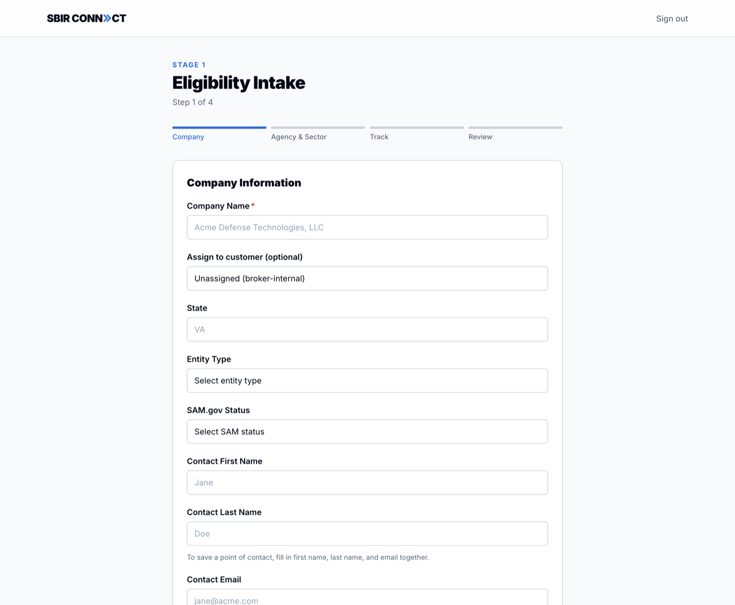 Stage 1 eligibility intake, Company Information step, showing the optional 'Assign to customer' dropdown set to 'Unassigned (broker-internal)'