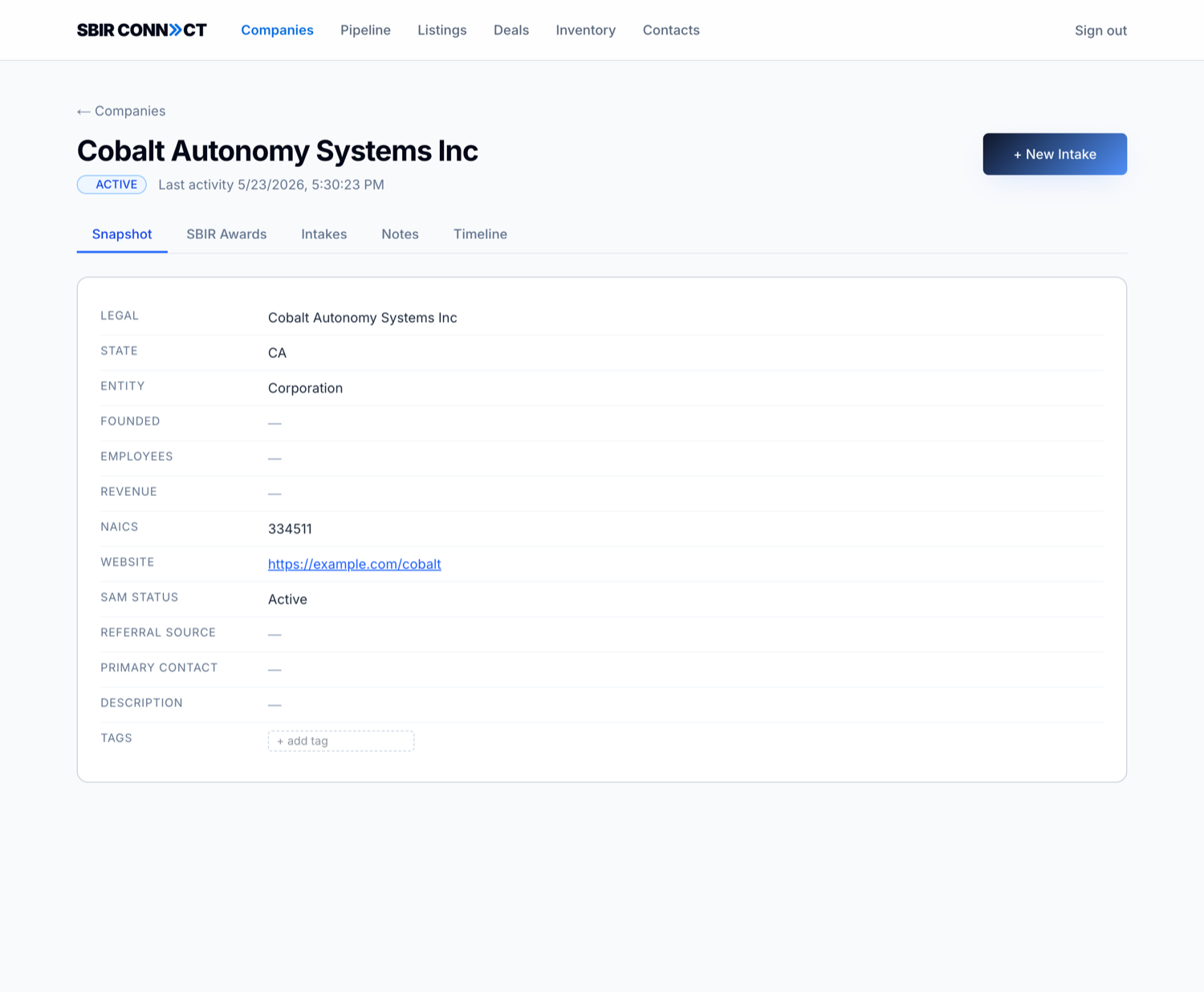 A company detail page showing the Snapshot tab and the tab bar: Snapshot, SBIR Awards, Intakes, Notes, Timeline