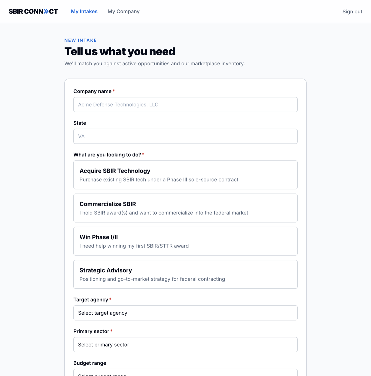 The customer self-serve intake form: company name, state, four track choices, target agency, primary sector, budget range