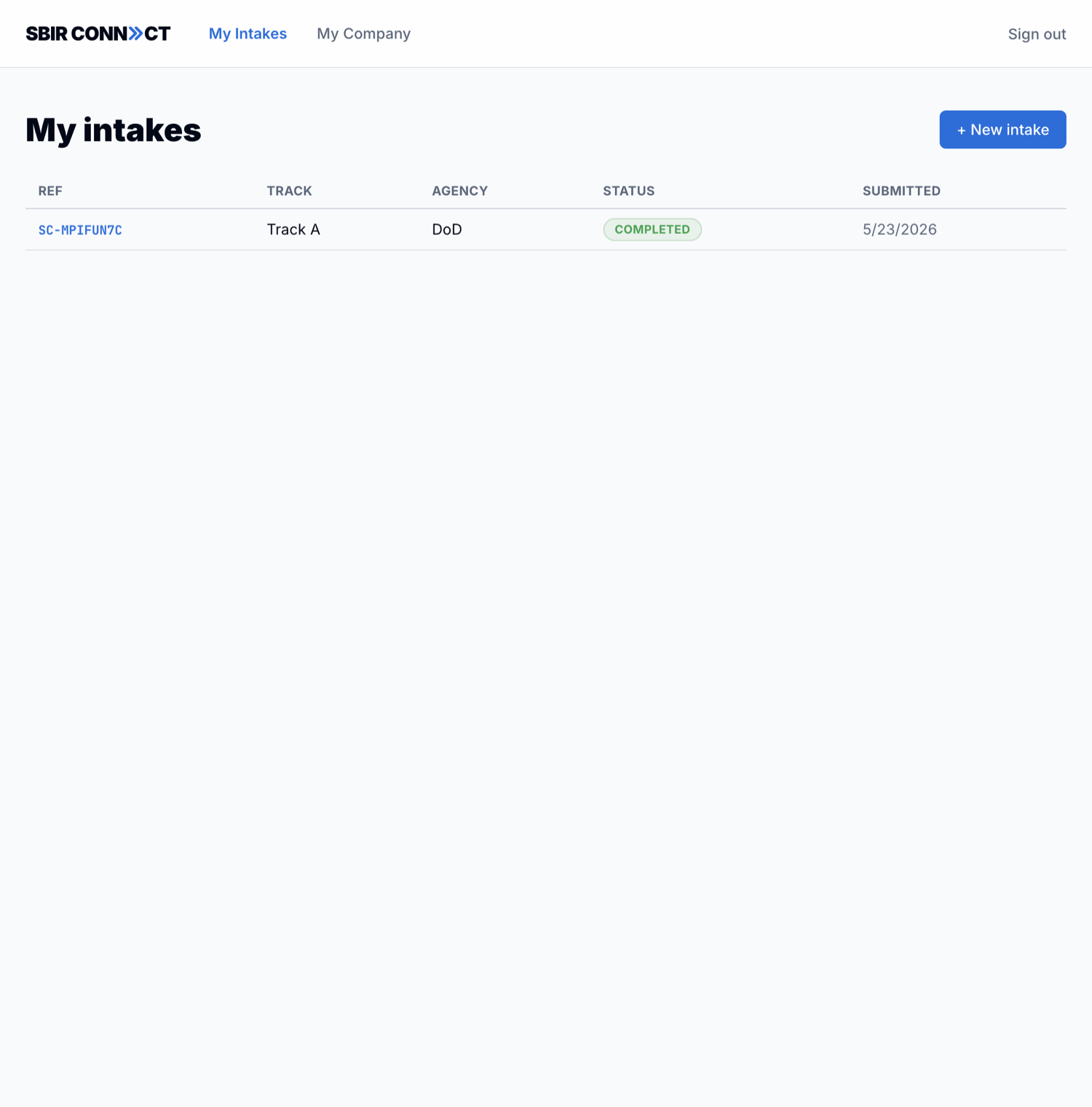 The customer's 'My intakes' list showing one intake with ref, track, agency, status, and submitted date